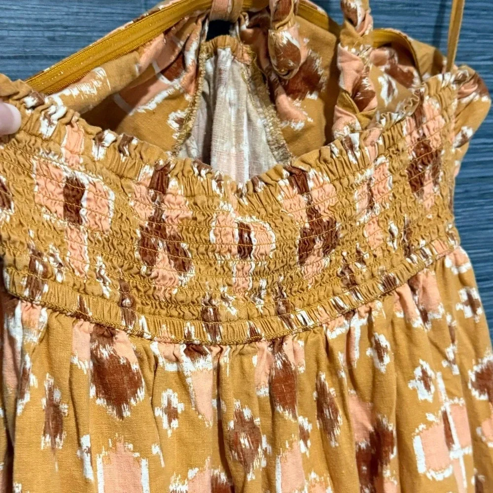 Aerie Linen Blend Halter Midi Dress Mustard Yellow Ikat Geometric Print Large